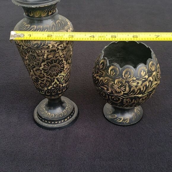 Set of 2 Vintage Brass Vases Gold Etching Hand Painted - Picture 11 of 13